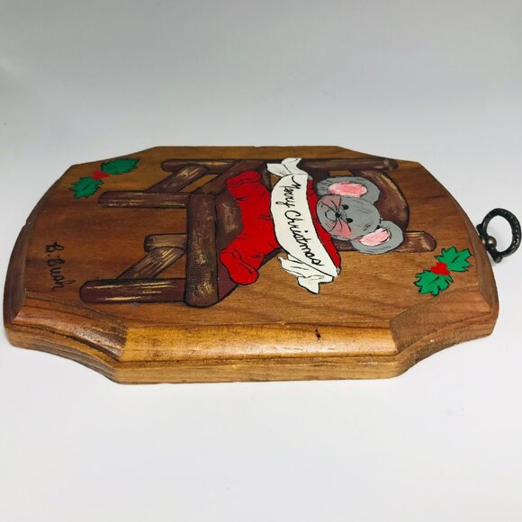 Vintage Hand Painted Mouse Merry Christmas Plaque Holiday Wall Decor Kitschy - Picture 4 of 7